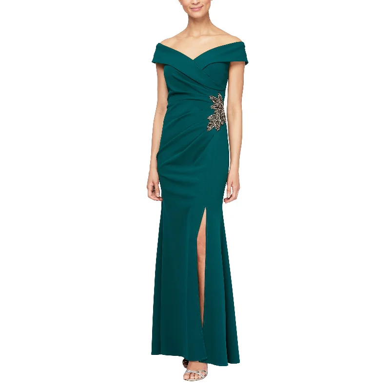 Lace Sleeves Dress Alex Evenings 8160198 Long Off Shoulder Formal Beaded Dress
