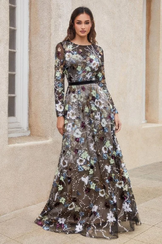 Rhinestone Embellished Dress Andrea & Leo A1166 Floral Print Long Sleeve Formal  Dress Sale