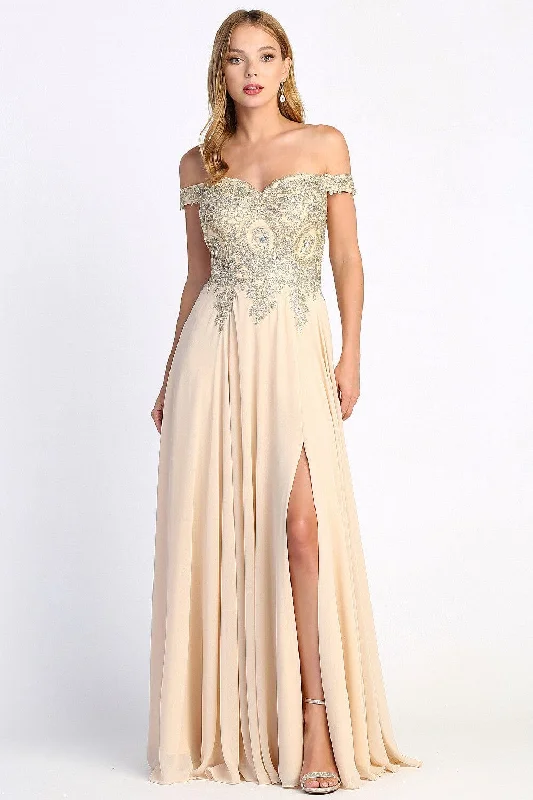 Floral Embroidery Dress Applique Long Off Shoulder Slit Dress by Adora 3040 - Outlet Floral Embroidery Dress Applique Long Off Shoulder Slit Dress by Adora 3040 - Outlet