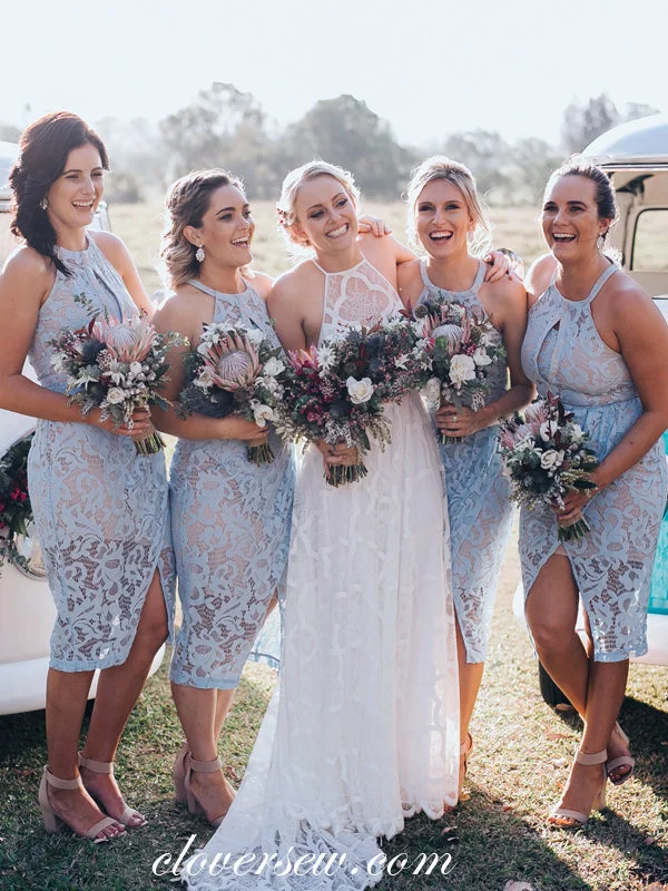 Navy Blue Gown Blue Lace Sheath Halter Knee Length Bridesmaid Dresses, CB0019
