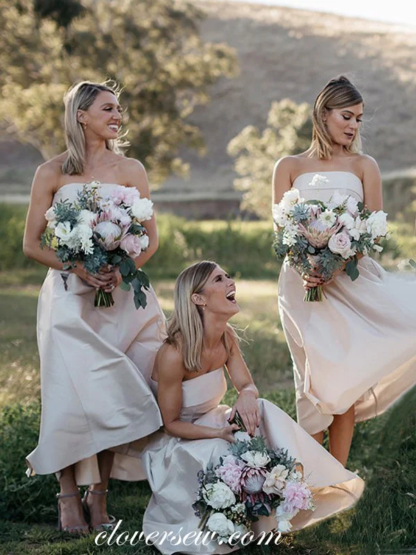 Trendy Party Dress Blush Pink Satin Strapless A-line Ankle Length Bridesmaid Dresses, CB0022 Trendy Party Dress Blush Pink Satin Strapless A-line Ankle Length Bridesmaid Dresses, CB0022