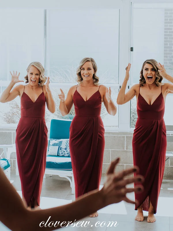 Glam Ball Gown Burgundy Spaghetti Strap V-neck Sheath Long Bridesmaid Dresses, CB0041 Glam Ball Gown Burgundy Spaghetti Strap V-neck Sheath Long Bridesmaid Dresses, CB0041