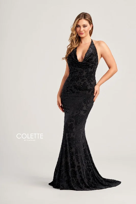Metallic Formal Dress Colette CL5118 Fitted Prom Long Halter Formal Dress