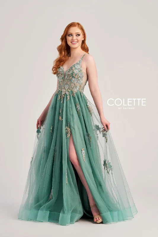 Floral Embroidery Dress Colette CL5143 Floral Applique Long Formal Glitter Prom Dress