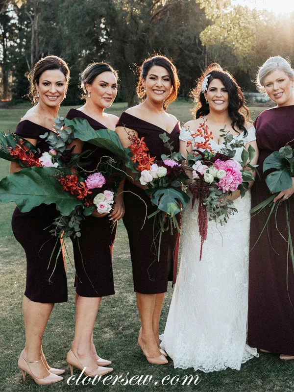 Regal Velvet Gown Dark Burgundy Off The Shoulder Sheath Knee Length Bridesmaid Dresses, CB0032 Regal Velvet Gown Dark Burgundy Off The Shoulder Sheath Knee Length Bridesmaid Dresses, CB0032