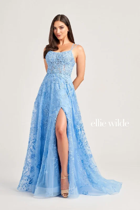 Halter Gown Ellie Wilde EW35012 Long Formal Beaded Slit Prom Dress