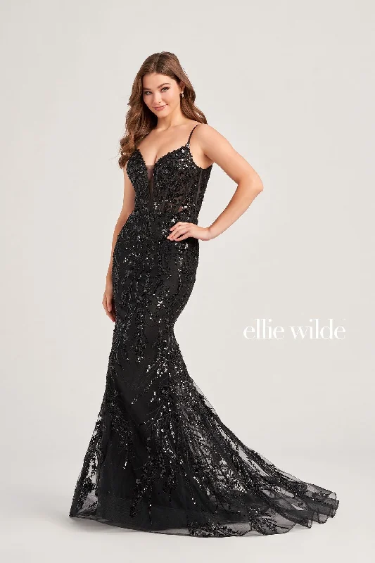 Romantic Soft Satin Dress Ellie Wilde EW35039 Fitted Formal Glitter Prom Long Gown