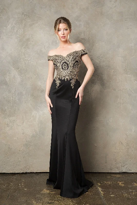 Sophisticated Gown Gold Applique Off Shoulder Mermaid Dress by Juno 0932 - Outlet