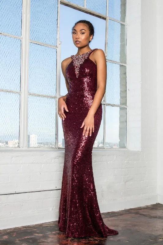 Sophisticated Party Dress Prom Long Formal Fully Sequined Halter Evening Dress