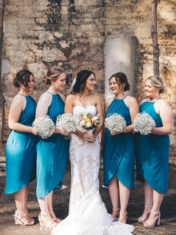 Winter Ball Gown Ice Blue Halter Sheath Knee Length High Low Bridesmaid Dresses, CB0025 Winter Ball Gown Ice Blue Halter Sheath Knee Length High Low Bridesmaid Dresses, CB0025