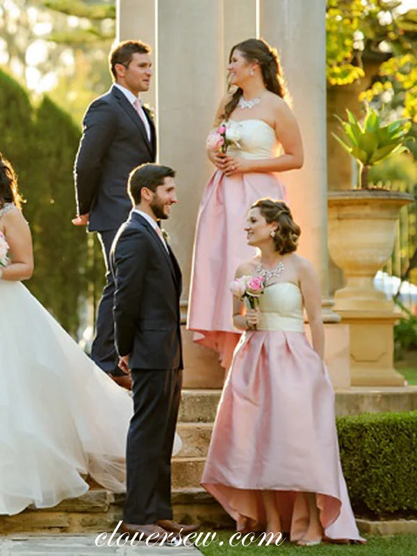 Metallic Formal Dress Ivory Pink Satin Sweetheart Strapless High Low Bridesmaid Dresses, CB0059 Metallic Formal Dress Ivory Pink Satin Sweetheart Strapless High Low Bridesmaid Dresses, CB0059