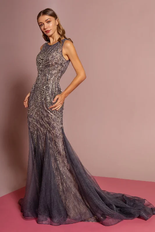 Burgundy Maxi Dress Jewel Embellished Lace Long Prom Dress With Tail
