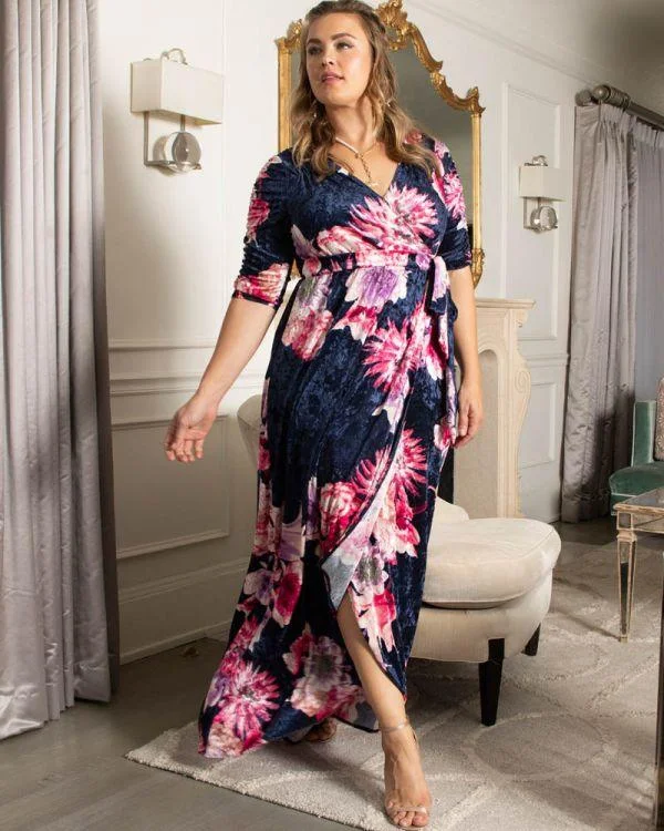 Navy Blue Gown Kiyona Long Formal Plus Size Velvet Wrap Dress