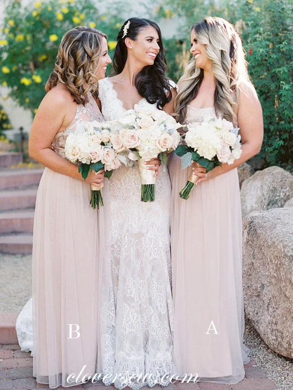 Ethereal Formal Gown Light Blush Pink Tulle Lace Spaghetti Strap A-line Bridesmaid Dresses , CB0073