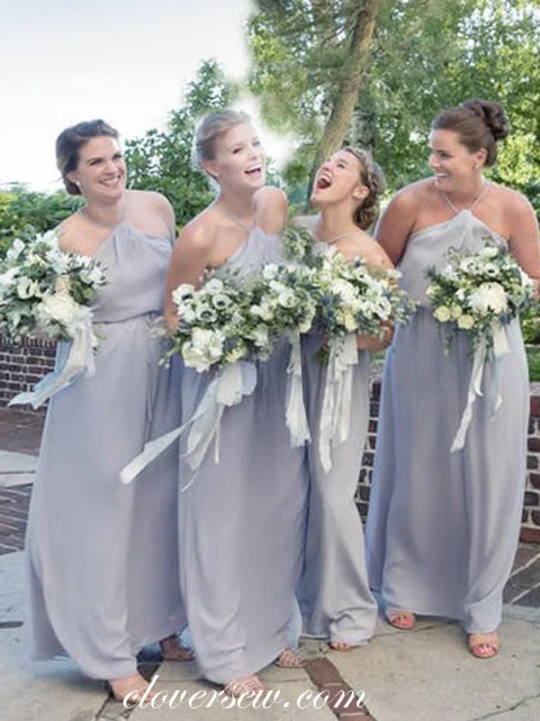 Gold Embellished Gown Light Dusty Blue Chiffon Halter Column Long Bridesmaid Dresses, CB0001 Gold Embellished Gown Light Dusty Blue Chiffon Halter Column Long Bridesmaid Dresses, CB0001