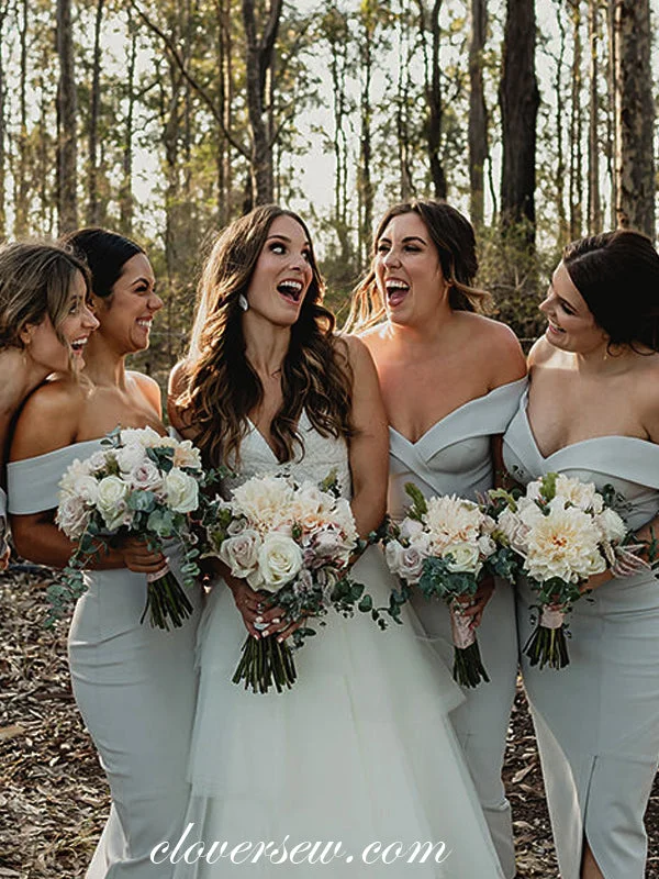 Structured Evening Gown Light Grey Satin Off The Shoulder Sheath Tea Length Bridesmaid Dresses, CB0044 Structured Evening Gown Light Grey Satin Off The Shoulder Sheath Tea Length Bridesmaid Dresses, CB0044