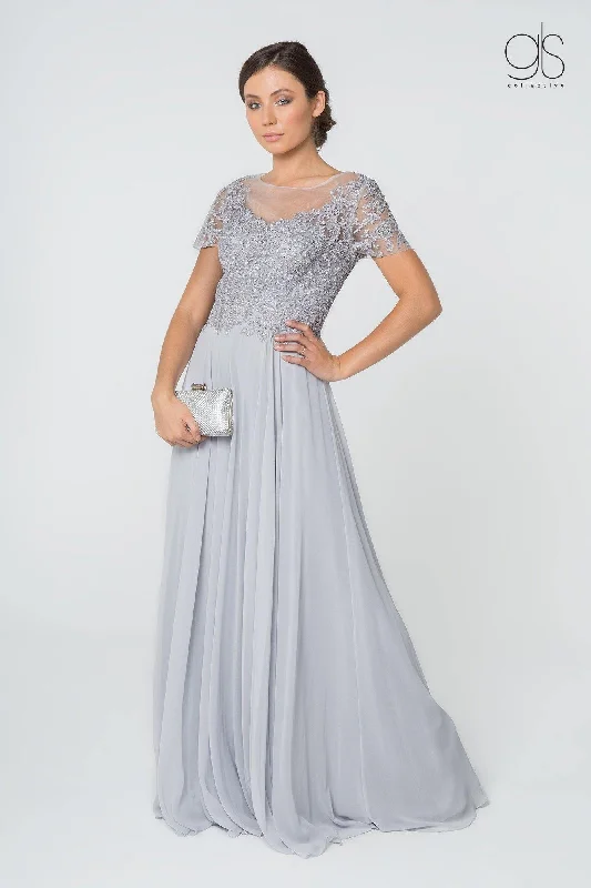 Pearl Embellished Gown Long Formal Mother of Bride Short Sleeve Chiffon Dress