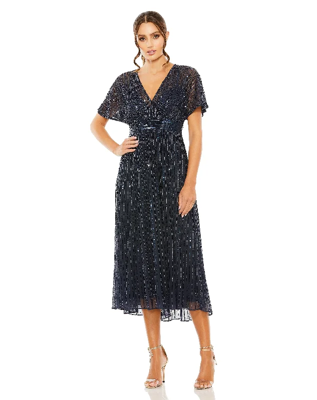 Glamorous Formal Dress Mac Duggal 14007 Cocktail Sequin Tea Length Formal Dress
