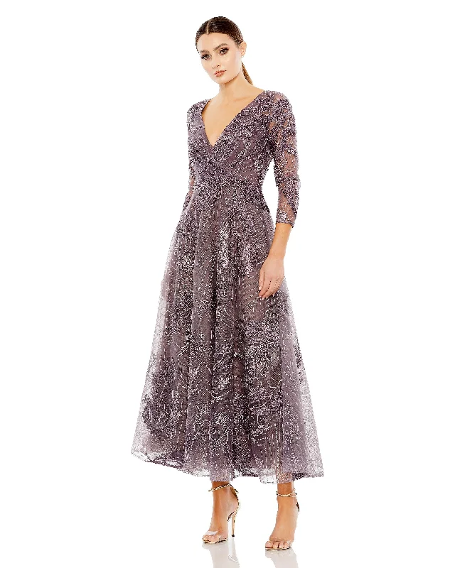 Dramatic Ball Gown Mac Duggal 20336 Formal Long Sleeve Tea Length Dress Sale