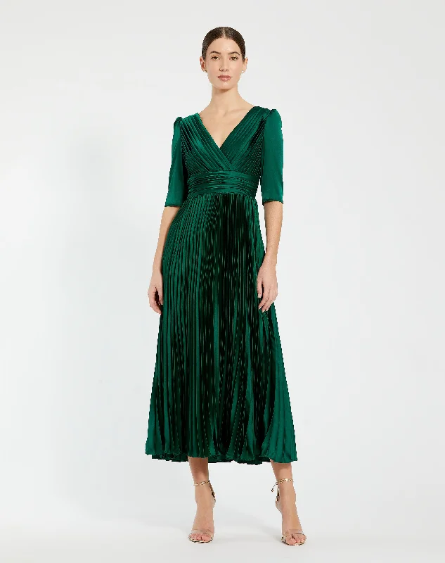 Puffy Sleeve Dress Mac Duggal 27341 Formal Pleated Cocktail Tea Length Dress