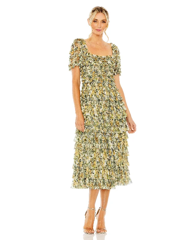 Sophisticated Gown Mac Duggal 8232 Floral Ruffle Cocktail Tea Length Dress