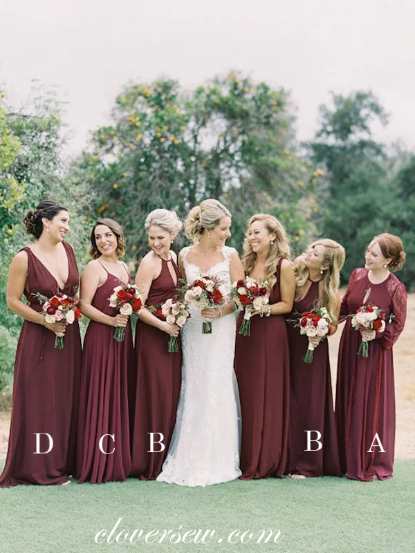 Regal Ball Gown Maroon Chiffon Mismatched A-line Cheap Bridesmaid Dresses, CB0062