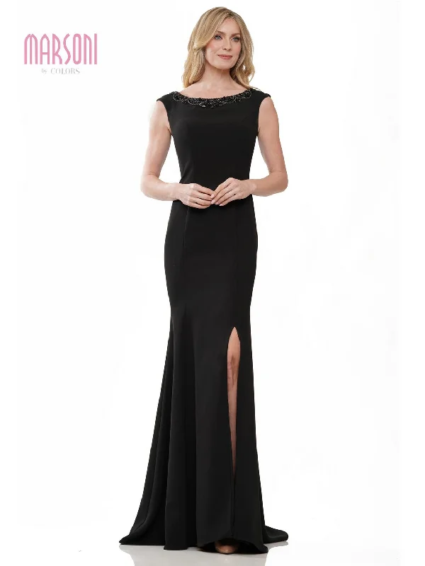 Navy Blue Gown Marsoni MV1247 Long Sleeveless Fitted Formal Dress