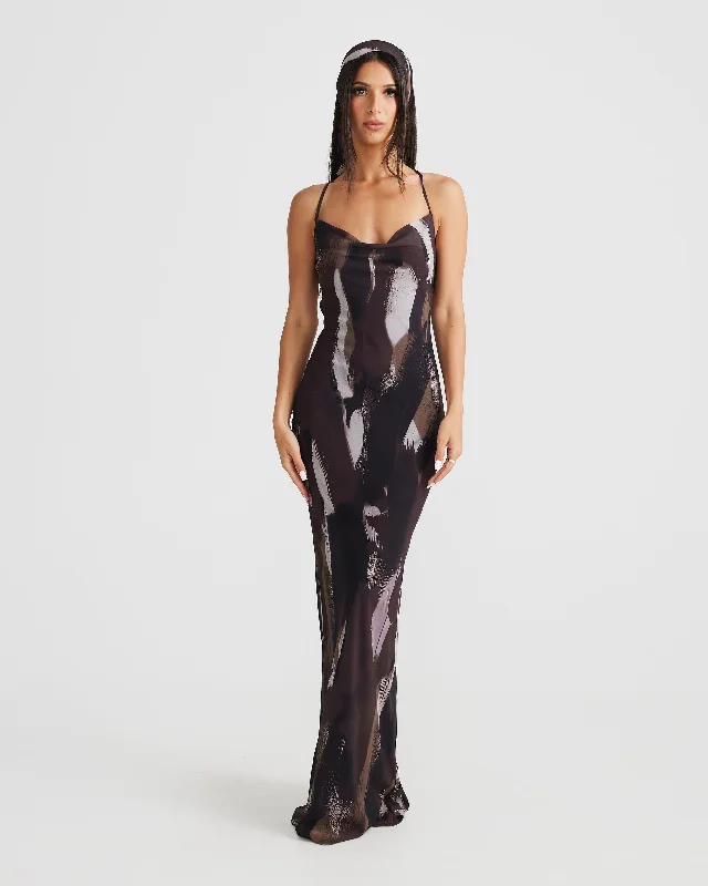 Applique Gown MÉLANI The Label AVA Unbound Print Cowl Neck Chiffon Backless Dress
