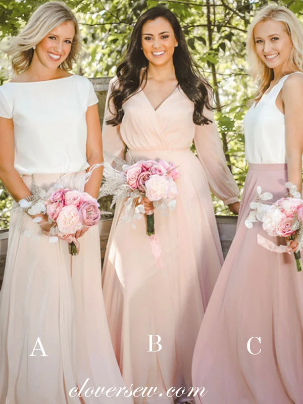 Stunning Silk Gown Mismatched Blush Pink Chiffon A-line Long Bridesmaid Dresses, CB0035 Stunning Silk Gown Mismatched Blush Pink Chiffon A-line Long Bridesmaid Dresses, CB0035