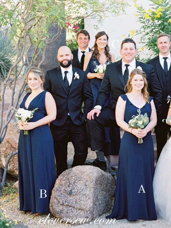 Dazzling Evening Dress Navy Blue Chiffon Mismatched A-line Long Bridesmaid Dresses, CB0072