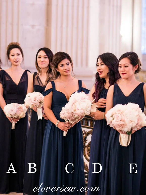 Satin Draped Gown Navy Chiffon Mismatched A-line Long Bridesmaid Dresses, CB0005