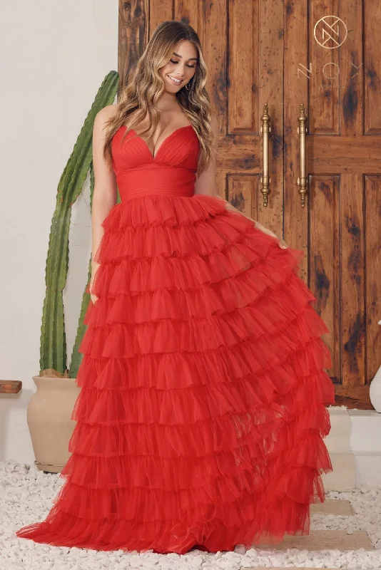 Statement Prom Dress Nox Anabel R1240 Long Spaghetti Strap Ruffled Tulle Prom Dress