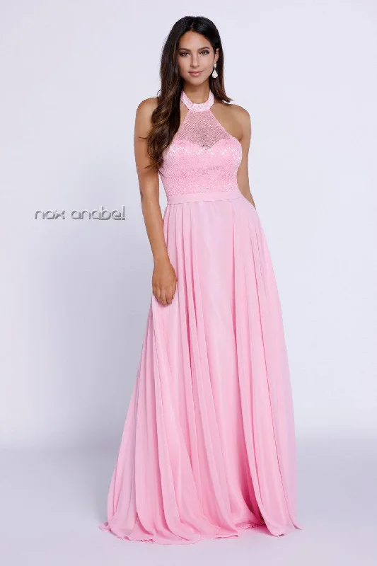 Elegant Tulle Gown Long High Neck Halter Formal Bridesmaid Dress
