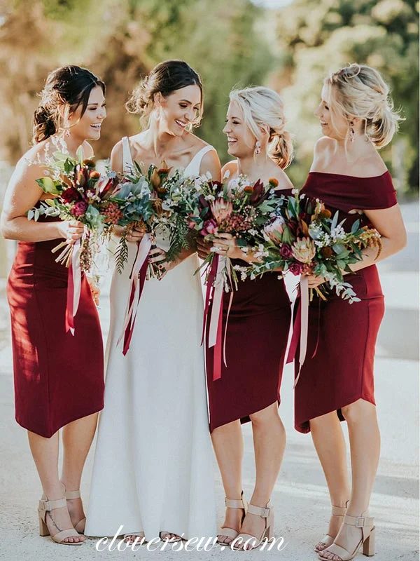 Show-Stopping Evening Gown One Shoulder Burgundy Sheath High Low Knee Length Bridesmaid Dresses, CB0026 Show-Stopping Evening Gown One Shoulder Burgundy Sheath High Low Knee Length Bridesmaid Dresses, CB0026