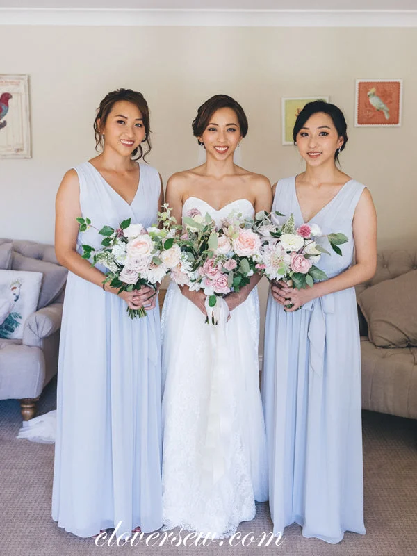 Pearl Embellished Gown Pale Blue Chiffon V-neck Sleeveless A-line Bridesmaid Dresses , CB0070 Pearl Embellished Gown Pale Blue Chiffon V-neck Sleeveless A-line Bridesmaid Dresses , CB0070