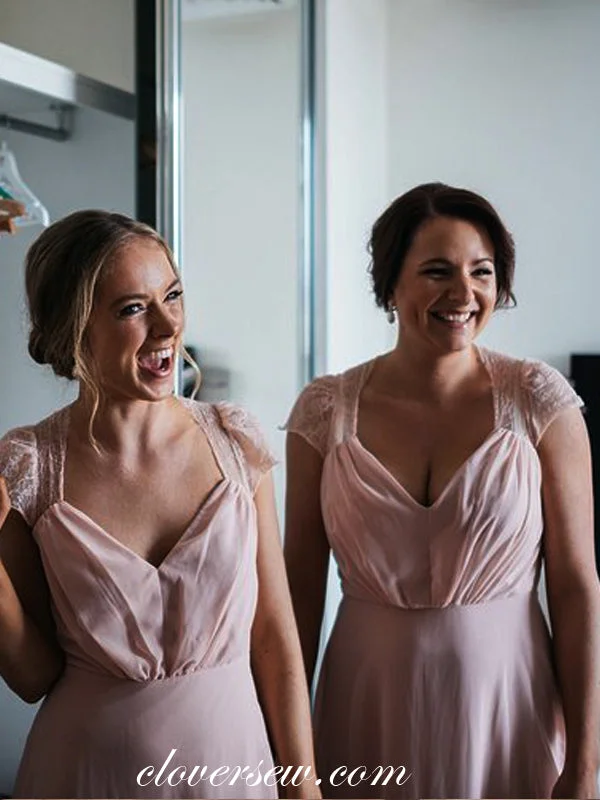 Simple Chiffon Dress Pink Chiffon Lace Cap Sleeves A-line Long Bridesmaid Dresses, CB0046 Simple Chiffon Dress Pink Chiffon Lace Cap Sleeves A-line Long Bridesmaid Dresses, CB0046