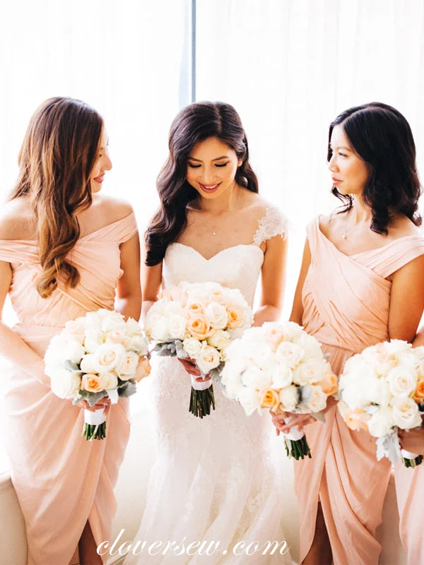Polished Formal Dress Pink Jersey Off The Shoulder Pleating Sheath Ankle Length Bridesmaid Dresses, CB0045 Polished Formal Dress Pink Jersey Off The Shoulder Pleating Sheath Ankle Length Bridesmaid Dresses, CB0045