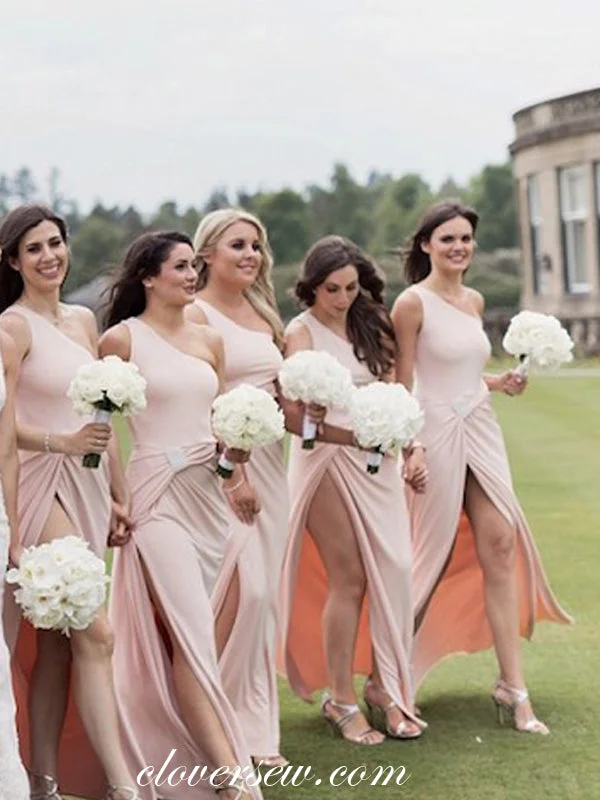 Lace Sleeves Dress Pink Jersey One Shoulder Column High Slit Column Bridesmaid Dresses , CB0065