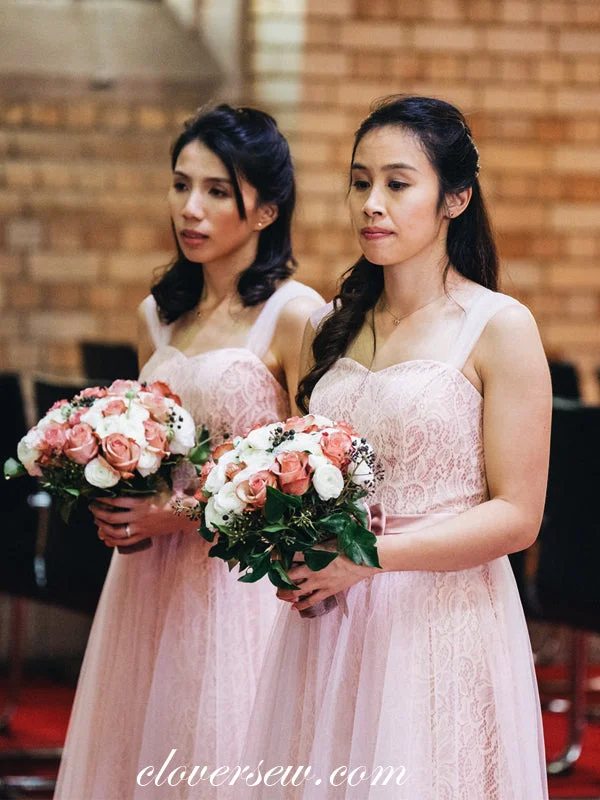 Floral Beaded Gown Pink Lace Tulle Sleeveless A-line Long Bridesmaid Dresses, CB0010 Floral Beaded Gown Pink Lace Tulle Sleeveless A-line Long Bridesmaid Dresses, CB0010