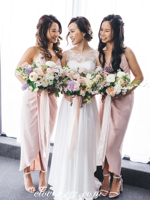 Romantic Soft Satin Dress Pink Spaghetti Strap V-neck Ankle Length Sheath Bridesmaid Dresses, CB0021 Romantic Soft Satin Dress Pink Spaghetti Strap V-neck Ankle Length Sheath Bridesmaid Dresses, CB0021