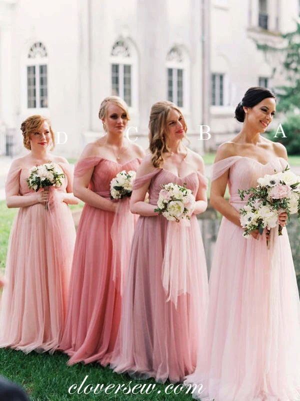 Statement Sleeve Dress Pink Tulle Off The Shoulder A-line Long Bridesmaid Dresses, CB0053 Statement Sleeve Dress Pink Tulle Off The Shoulder A-line Long Bridesmaid Dresses, CB0053