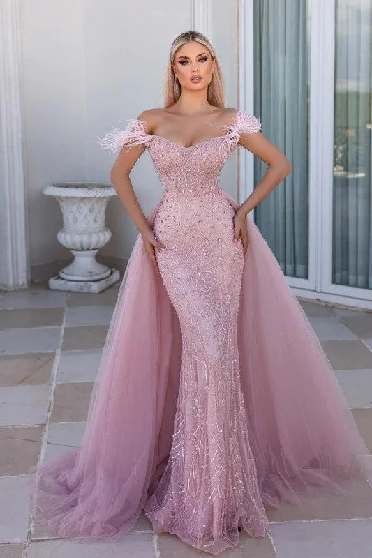 Fitted Formal Dress Portia and Scarlett PS23961 Long Feather Off Shoulder Prom Gown