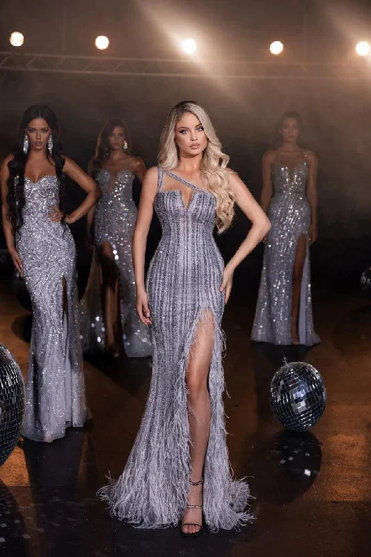 Royal Blue Dress Portia and Scarlett PS23965 Long One Shoulder Feathered Prom Gown Royal Blue Dress Portia and Scarlett PS23965 Long One Shoulder Feathered Prom Gown