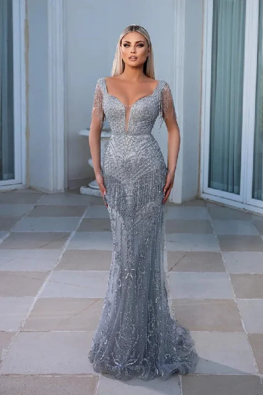 Satin Mermaid Dress Portia and Scarlett PS23985 Long Cap Sleeve Fringe Prom Gown
