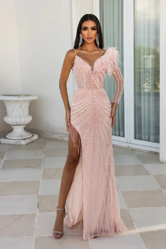 Glittering Evening Gown Portia and Scarlett PS23989 Long Beaded Feathers Prom Gown