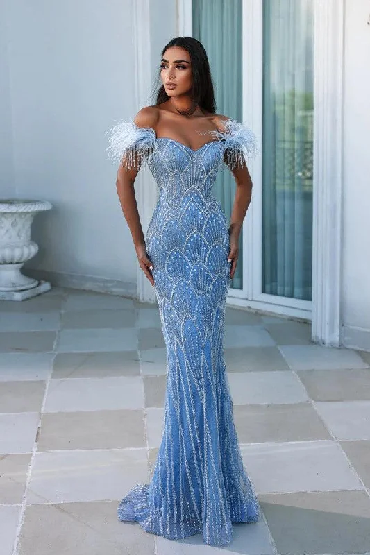 Red Carpet Dress Portia and Scarlett PS23994 Long Off Shoulder Feather Prom Gown