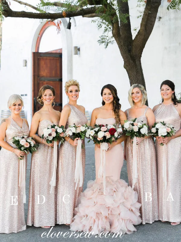 Puffy Sleeve Dress Rose Gold Sequin Mismatched Column Long Bridesmaid Dresses , CB0061 Puffy Sleeve Dress Rose Gold Sequin Mismatched Column Long Bridesmaid Dresses , CB0061