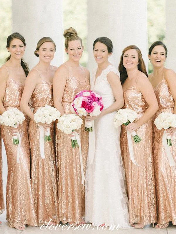 Beautiful Floor-Length Dress Rose Gold Sequin Spaghetti Strap Column Long Bridesmaid Dresses, CB0006 Beautiful Floor-Length Dress Rose Gold Sequin Spaghetti Strap Column Long Bridesmaid Dresses, CB0006
