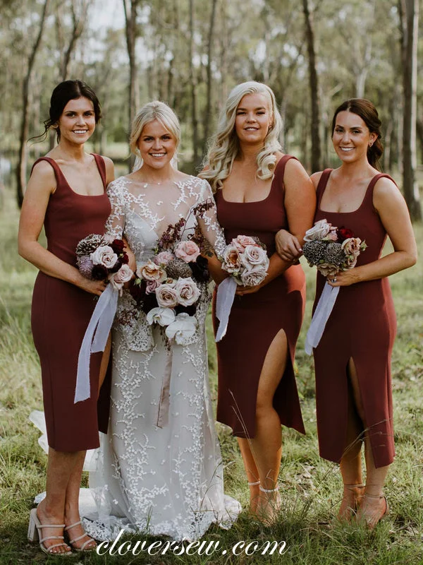 Luxe Embroidered Gown Rust Red Jersey Square Neck Sheath Knee Length Bridesmaid Dresses, CB0043 Luxe Embroidered Gown Rust Red Jersey Square Neck Sheath Knee Length Bridesmaid Dresses, CB0043