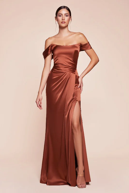 Applique Gown Satin Fitted Off Shoulder Slit Gown by Ladivine 7452 - Outlet
